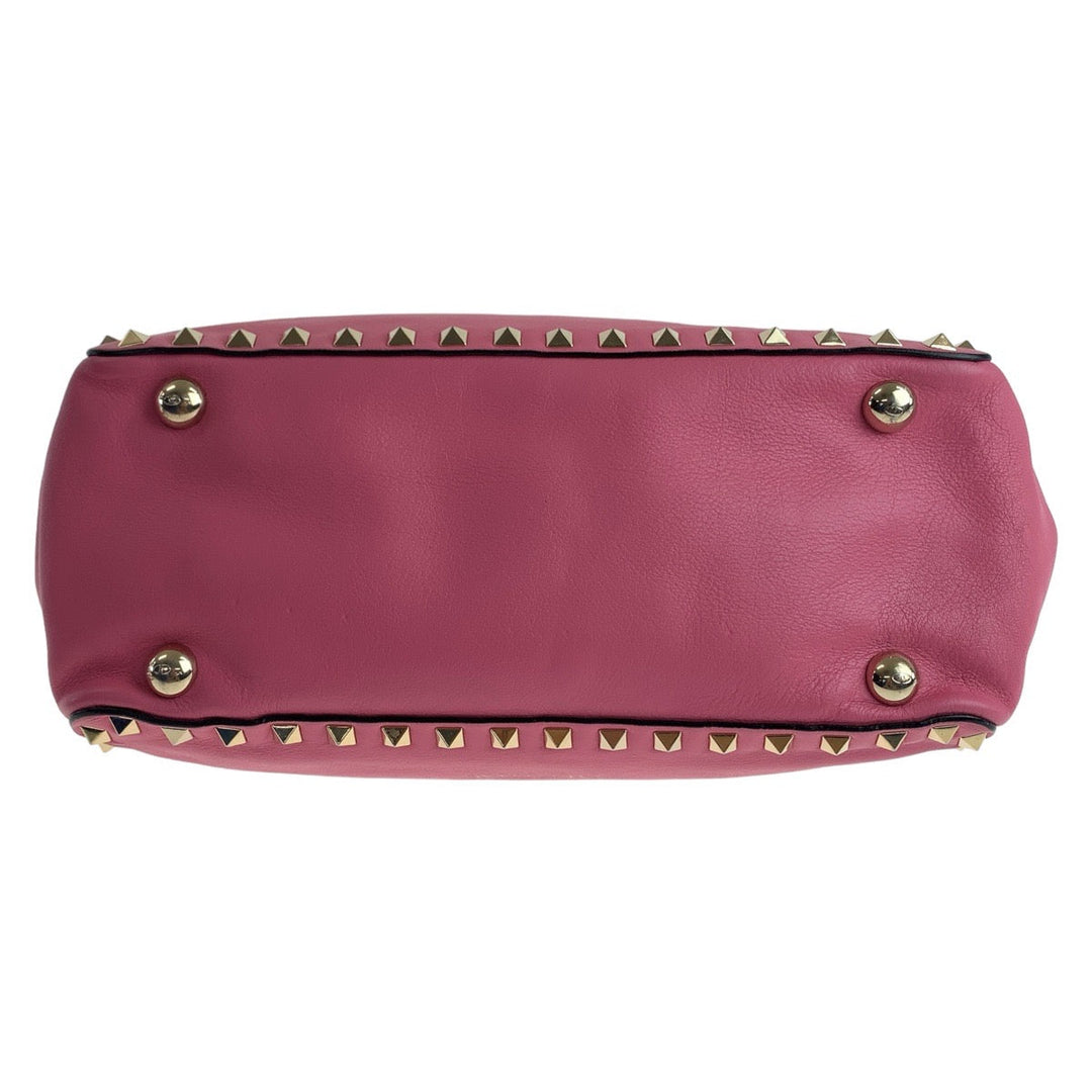 VALENTINO Handbag leather Pink Gold Metal Handbag Shoulder Bag 2way Rock studs Women Used Authentic