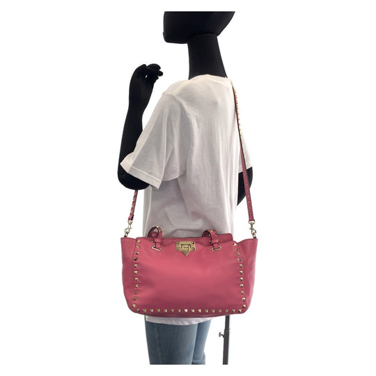 VALENTINO Handbag leather Pink Gold Metal Handbag Shoulder Bag 2way Rock studs Women Used Authentic