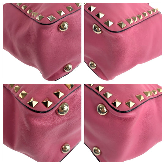 VALENTINO Handbag leather Pink Gold Metal Handbag Shoulder Bag 2way Rock studs Women Used Authentic