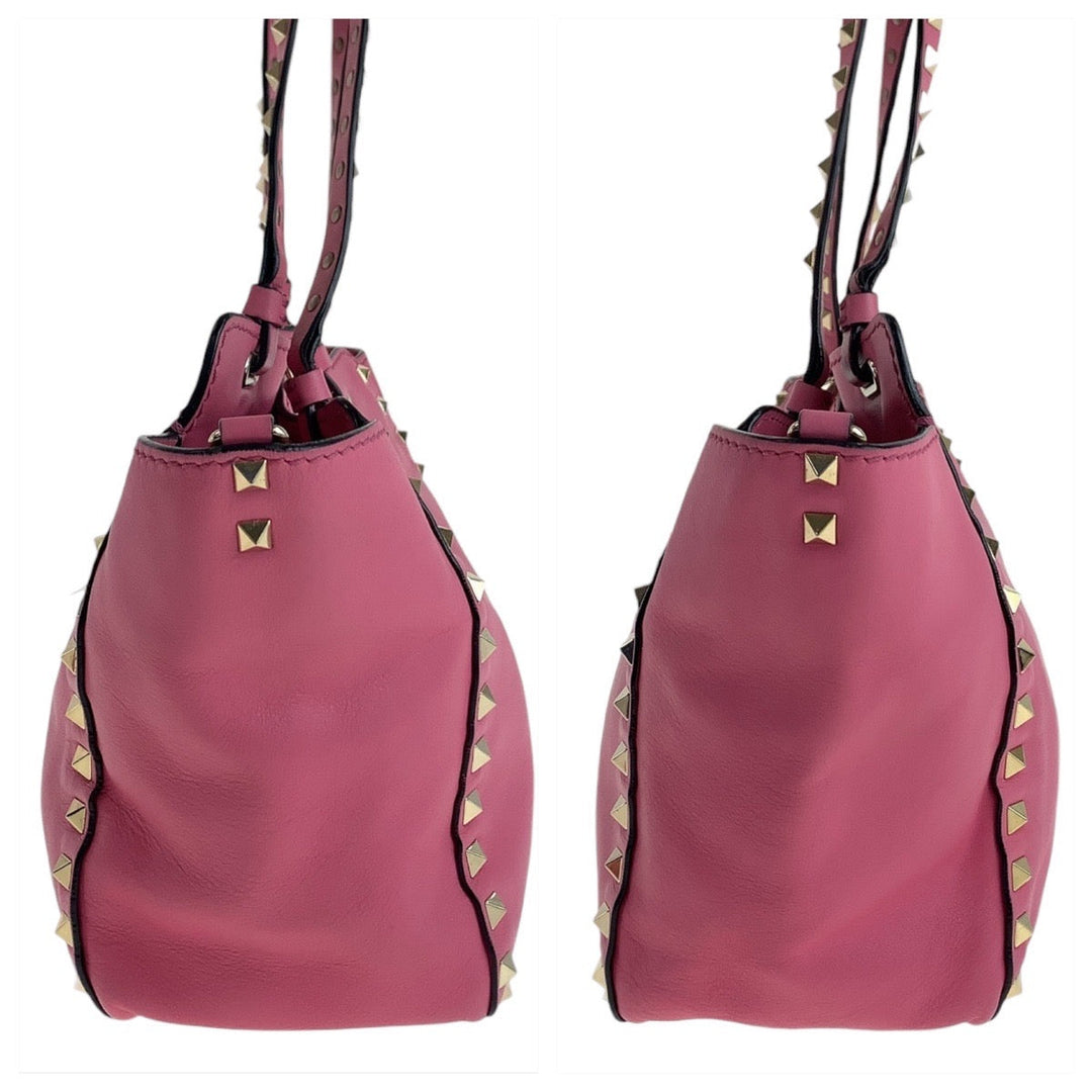 VALENTINO Handbag leather Pink Gold Metal Handbag Shoulder Bag 2way Rock studs Women Used Authentic