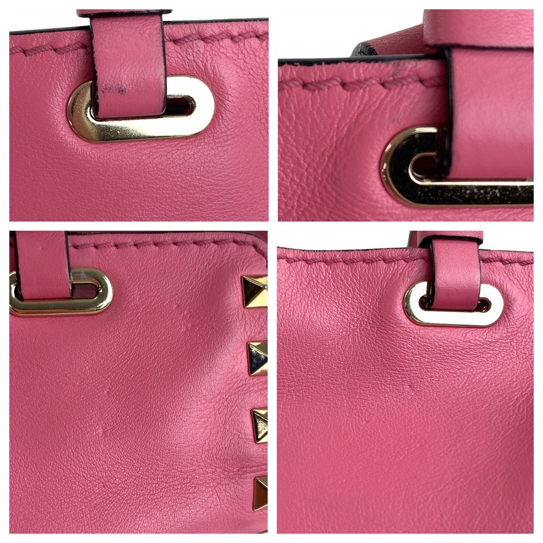 VALENTINO Handbag leather Pink Gold Metal Handbag Shoulder Bag 2way Rock studs Women Used Authentic