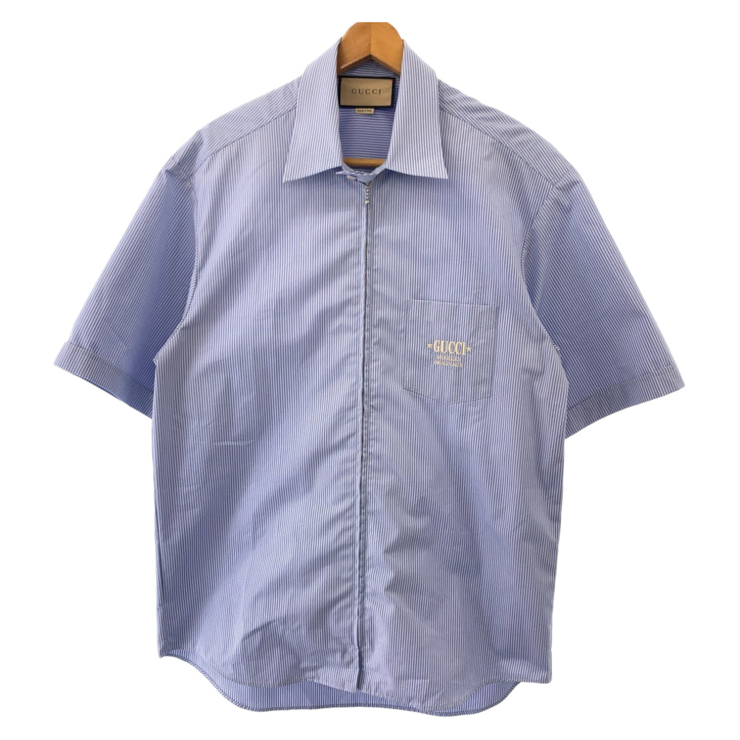 GUCCI Short sleeve shirt 740320 ZANHM cotton Blue white Short sleeve shirt cut and sew 23Stainless Steel Embroidery Logo embroidery mens 48 Used Authentic