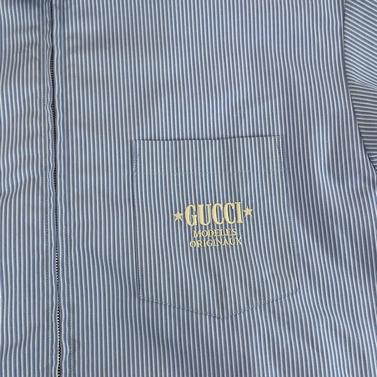 GUCCI Short sleeve shirt 740320 ZANHM cotton Blue white Short sleeve shirt cut and sew 23Stainless Steel Embroidery Logo embroidery mens 48 Used Authentic