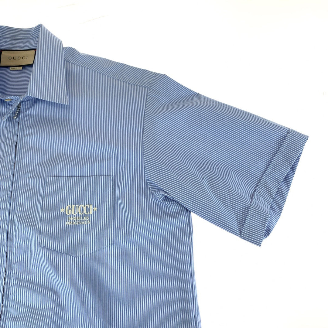 GUCCI Short sleeve shirt 740320 ZANHM cotton Blue white Short sleeve shirt cut and sew 23Stainless Steel Embroidery Logo embroidery mens 48 Used Authentic
