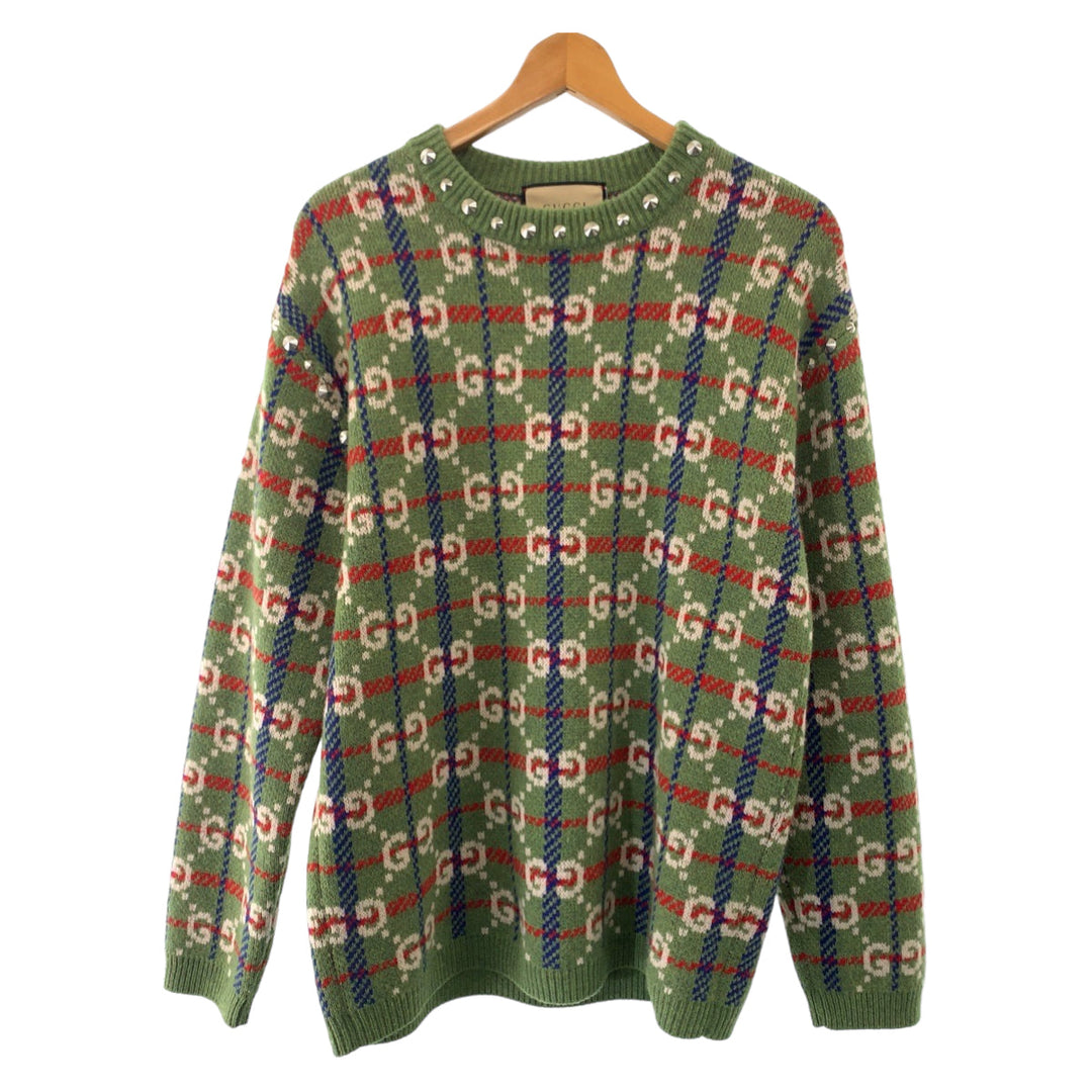 GUCCI knit 713571 XKCOZ Wool, Metal Multicolor SilverMetal Knit sweater Neck studs GG total pattern mens S Used Authentic