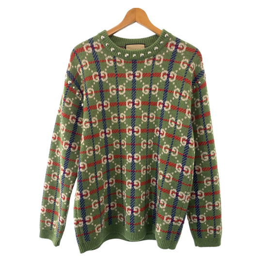 GUCCI knit 713571 XKCOZ Wool, Metal Multicolor SilverMetal Knit sweater Neck studs GG total pattern mens S Used Authentic