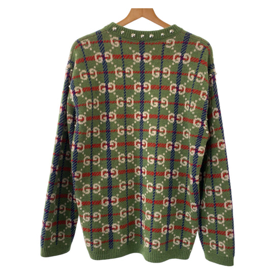 GUCCI knit 713571 XKCOZ Wool, Metal Multicolor SilverMetal Knit sweater Neck studs GG total pattern mens S Used Authentic