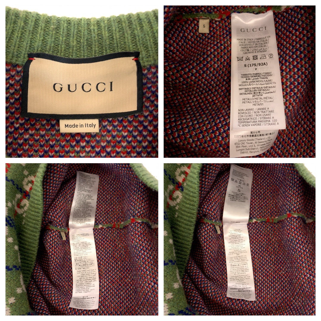 GUCCI knit 713571 XKCOZ Wool, Metal Multicolor SilverMetal Knit sweater Neck studs GG total pattern mens S Used Authentic
