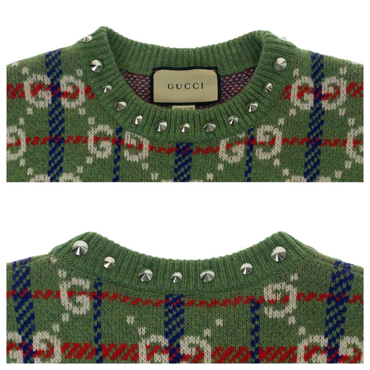 GUCCI knit 713571 XKCOZ Wool, Metal Multicolor SilverMetal Knit sweater Neck studs GG total pattern mens S Used Authentic