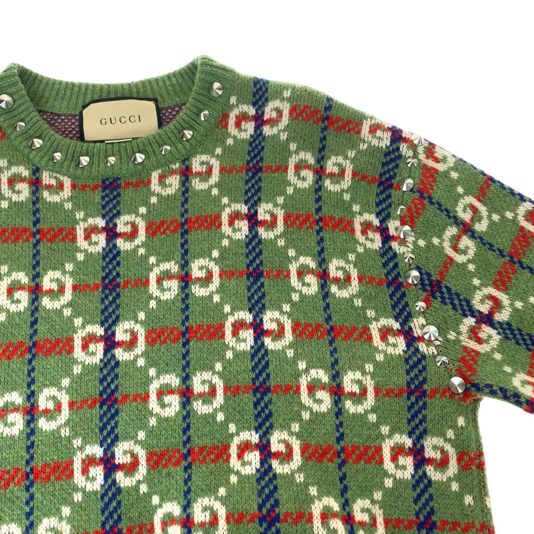 GUCCI knit 713571 XKCOZ Wool, Metal Multicolor SilverMetal Knit sweater Neck studs GG total pattern mens S Used Authentic