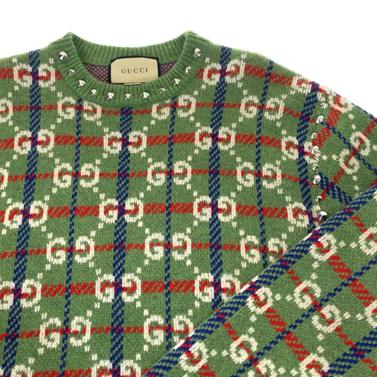 GUCCI knit 713571 XKCOZ Wool, Metal Multicolor SilverMetal Knit sweater Neck studs GG total pattern mens S Used Authentic