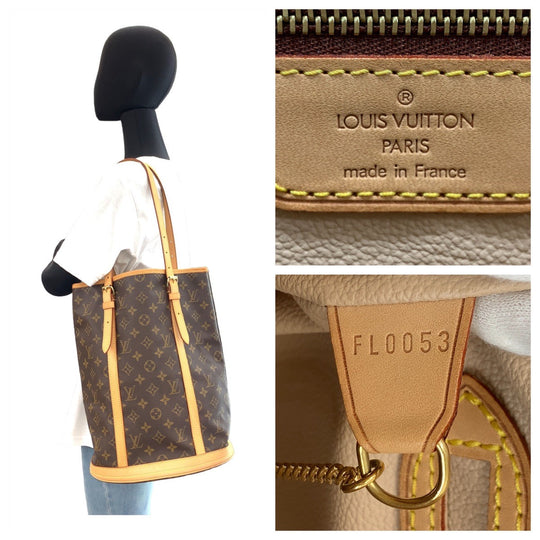 LOUIS VUITTON Tote Bag M42236 PVC, Leather Brown Gold Metal Tote Bag Shoulder Bag Monogram BucketGM Women Used Authentic