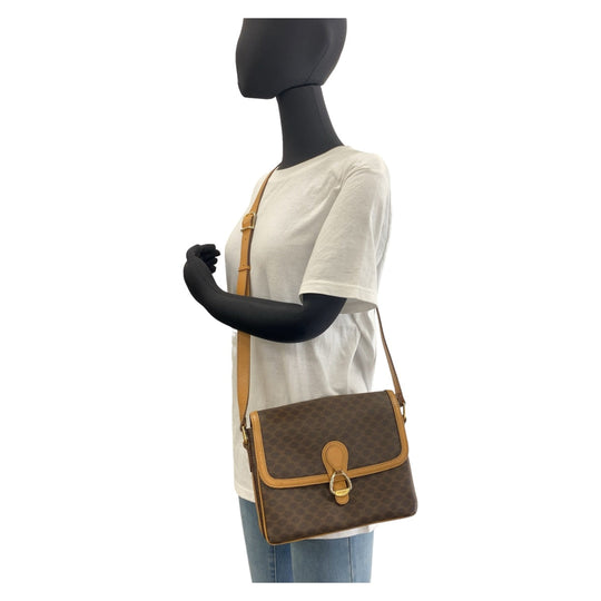 CELINE Shoulder Bag PVC, Leather Brown Camel Gold Metal Crossbody Shoulder Bag Pochette Macadam Women Used Authentic