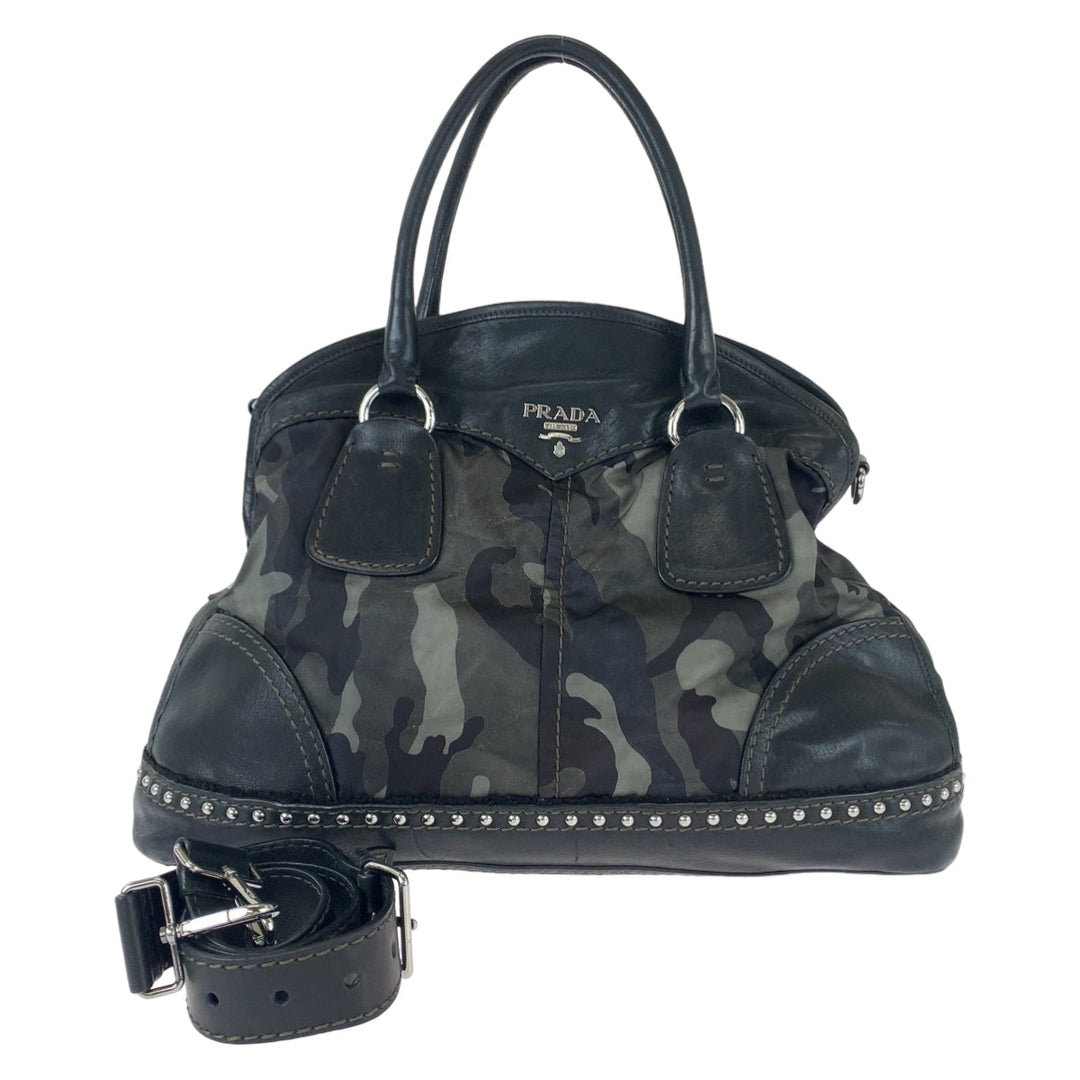 PRADA Shoulder Bag BL0688 Nylon, Leather Khaki Black SilverMetal Shoulder Bag Handbag 2way Test Camouflage Pattern Studs Women Used Authentic