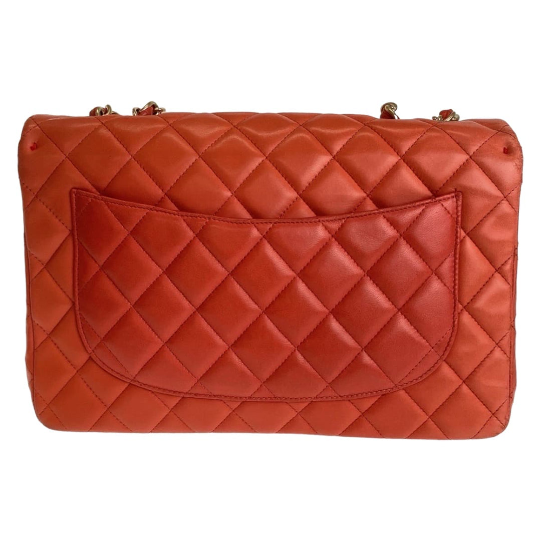 CHANEL Shoulder Bag lambskin Orange GoldMetal ChainShoulder Bag Deca Matelasse 30 Single Flap COCO Mark Turnlock Women Used Authentic