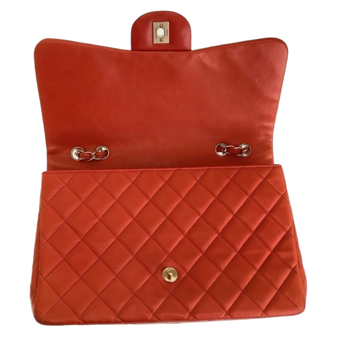 CHANEL Shoulder Bag lambskin Orange GoldMetal ChainShoulder Bag Deca Matelasse 30 Single Flap COCO Mark Turnlock Women Used Authentic