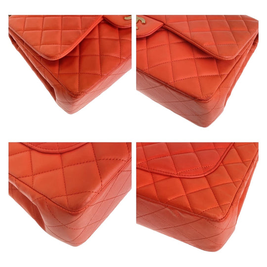CHANEL Shoulder Bag lambskin Orange GoldMetal ChainShoulder Bag Deca Matelasse 30 Single Flap COCO Mark Turnlock Women Used Authentic