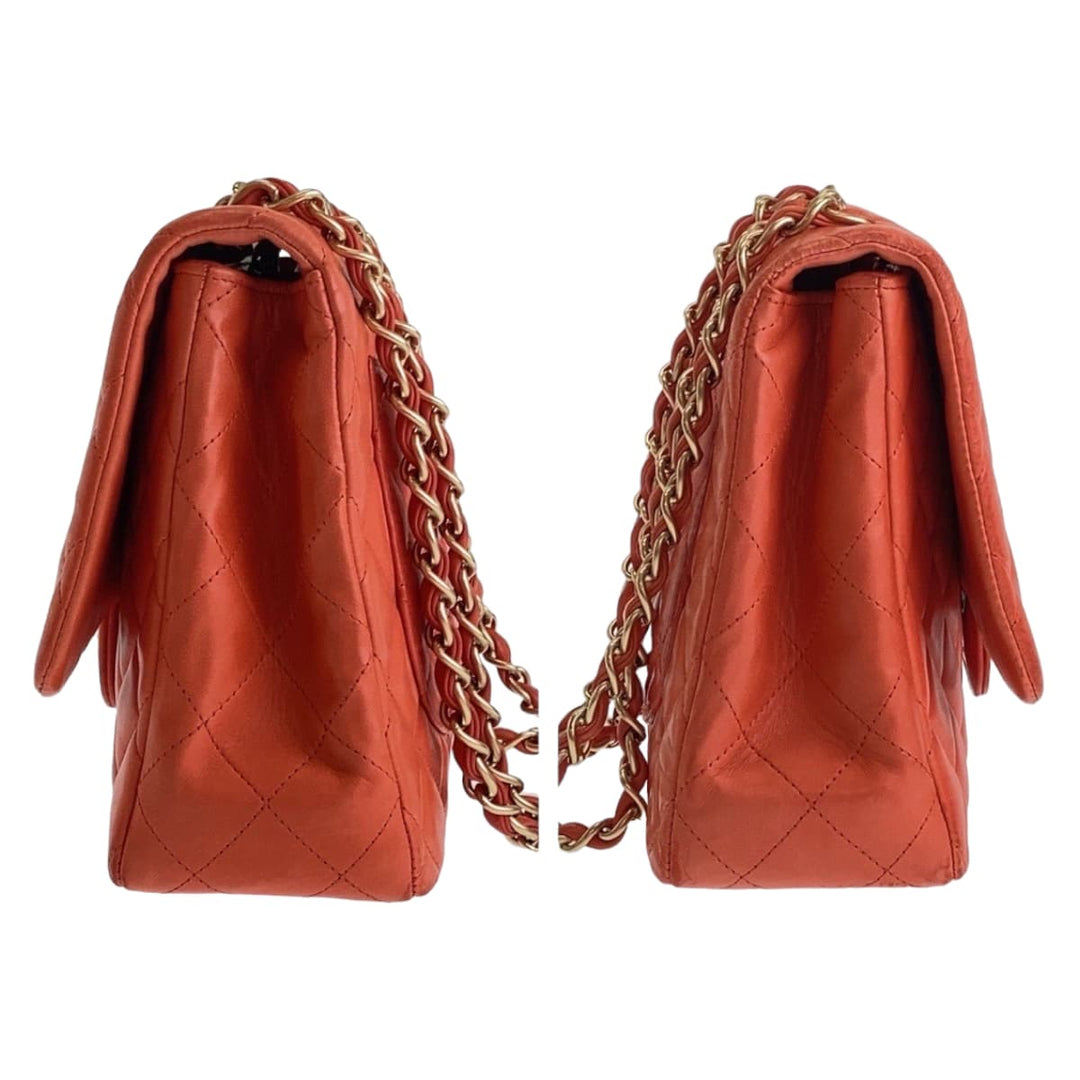 CHANEL Shoulder Bag lambskin Orange GoldMetal ChainShoulder Bag Deca Matelasse 30 Single Flap COCO Mark Turnlock Women Used Authentic