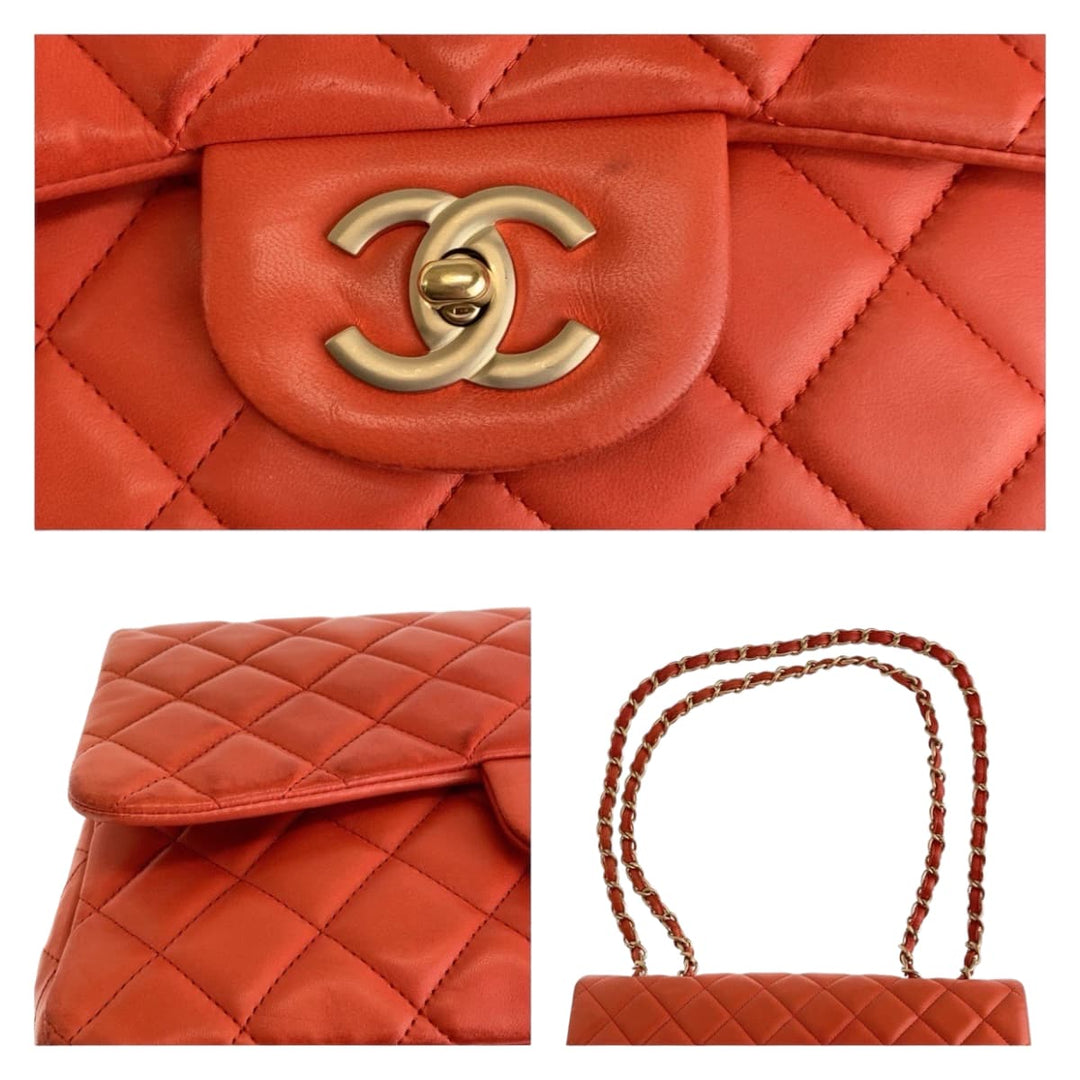 CHANEL Shoulder Bag lambskin Orange GoldMetal ChainShoulder Bag Deca Matelasse 30 Single Flap COCO Mark Turnlock Women Used Authentic