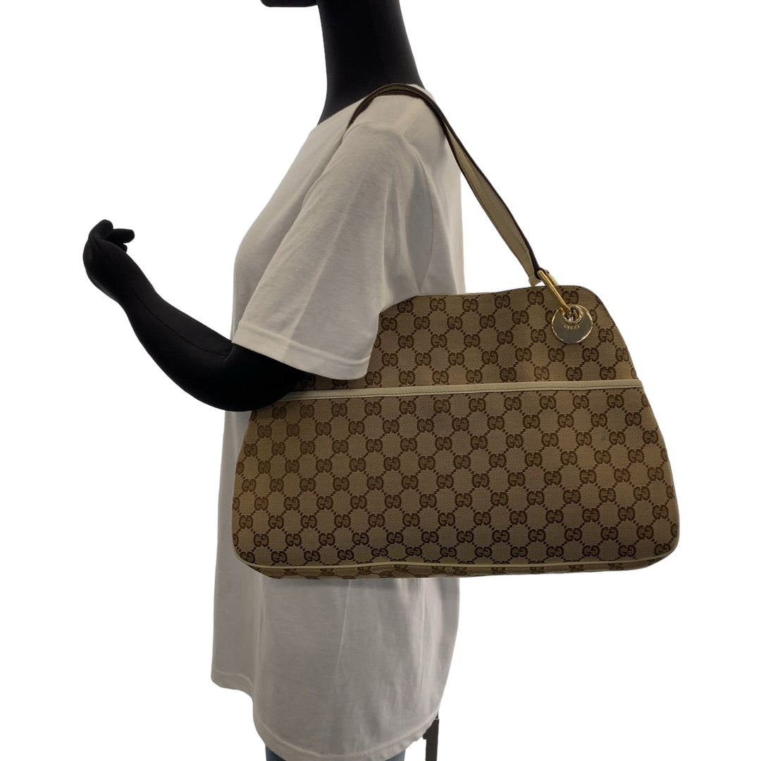 GUCCI Shoulder Bag 121023 GG canvas Beige Brown Ivory Gold Metal Shoulder Bag Tote Bag Women Used Authentic