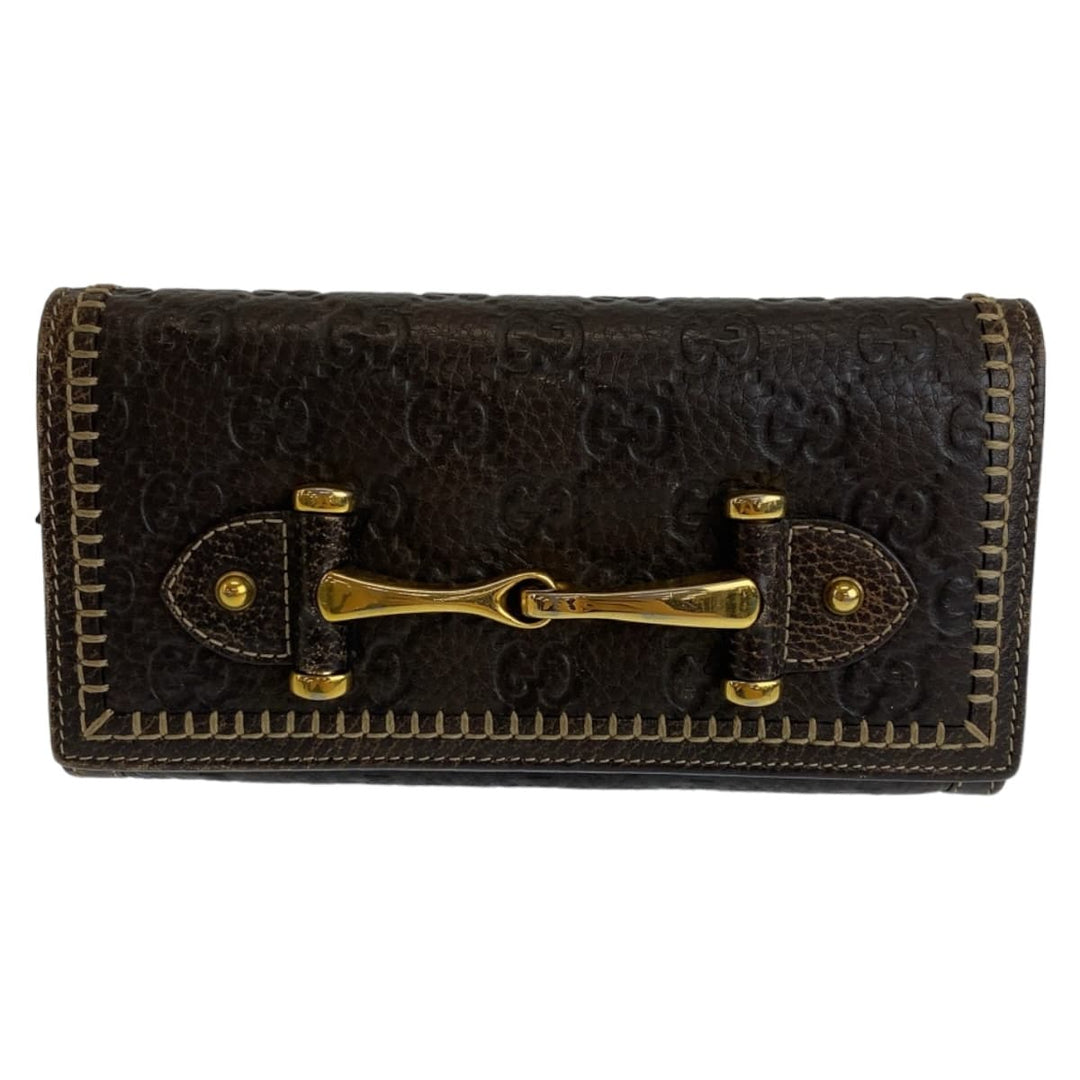 GUCCI Long Wallet Purse leather Brown Gold Metal Long Wallet Purse Long wallet unisex Horsebit Guccisima Women Used Authentic