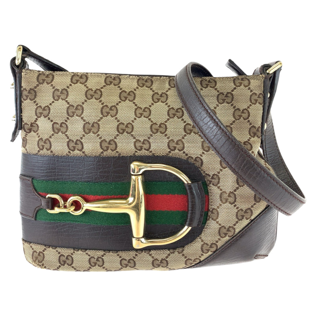 GUCCI Shoulder Bag 141506 GG canvas Brown Beige Gold Metal Shoulder Bag Crossbody Pochette Sherry line horsebit Women Used Authentic