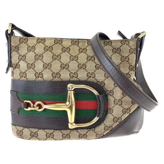 GUCCI Shoulder Bag 141506 GG canvas Brown Beige Gold Metal Shoulder Bag Crossbody Pochette Sherry line horsebit Women Used Authentic