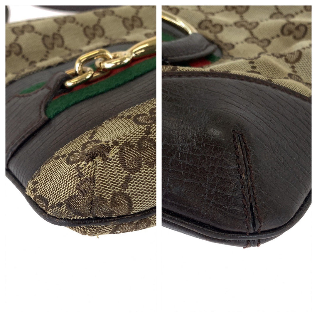 GUCCI Shoulder Bag 141506 GG canvas Brown Beige Gold Metal Shoulder Bag Crossbody Pochette Sherry line horsebit Women Used Authentic