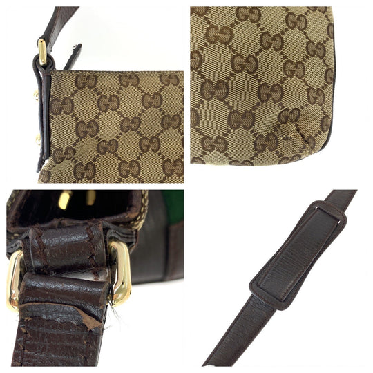 GUCCI Shoulder Bag 141506 GG canvas Brown Beige Gold Metal Shoulder Bag Crossbody Pochette Sherry line horsebit Women Used Authentic