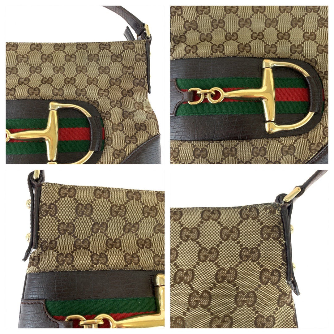 GUCCI Shoulder Bag 141506 GG canvas Brown Beige Gold Metal Shoulder Bag Crossbody Pochette Sherry line horsebit Women Used Authentic