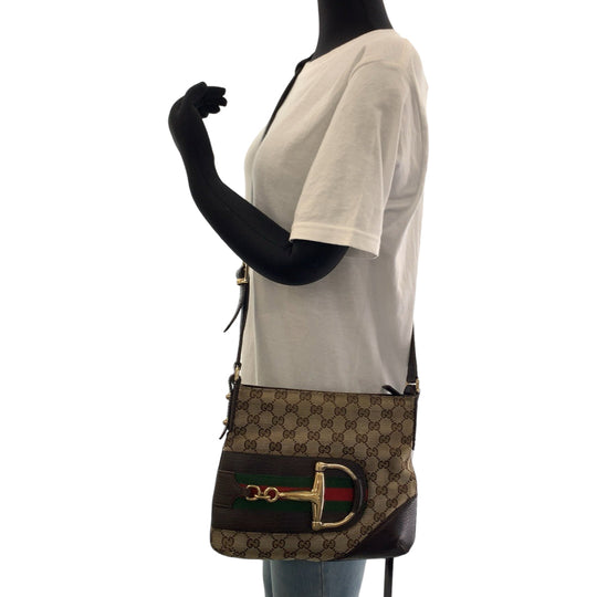 GUCCI Shoulder Bag 141506 GG canvas Brown Beige Gold Metal Shoulder Bag Crossbody Pochette Sherry line horsebit Women Used Authentic
