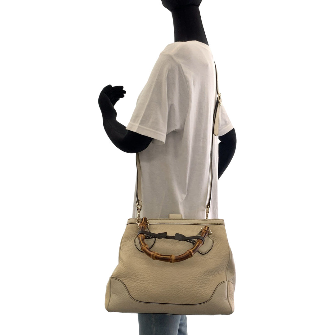 GUCCI Shoulder Bag 308360 leather Ivory Brown Gold Metal Shoulder Bag handbag Bamboo Women Used Authentic