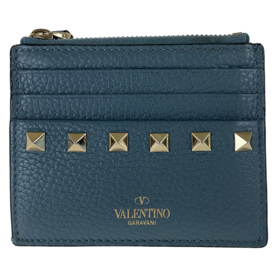 VALENTINO Card Case leather Navy Gold Metal Coin case Card case Fragment case Rock studs Women Used Authentic