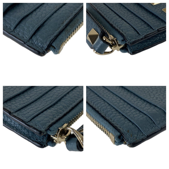 VALENTINO Card Case leather Navy Gold Metal Coin case Card case Fragment case Rock studs Women Used Authentic