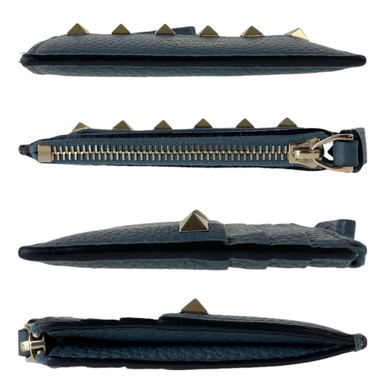 VALENTINO Card Case leather Navy Gold Metal Coin case Card case Fragment case Rock studs Women Used Authentic