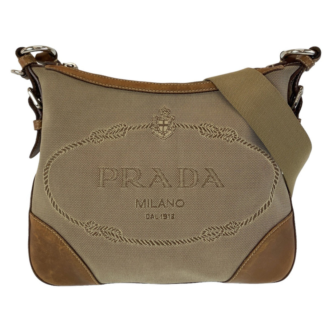 PRADA Shoulder Bag Canvas, Leather Beige Brown SilverMetal Crossbody Shoulder Bag Messenger Bag Logo jacquard Women Used Authentic