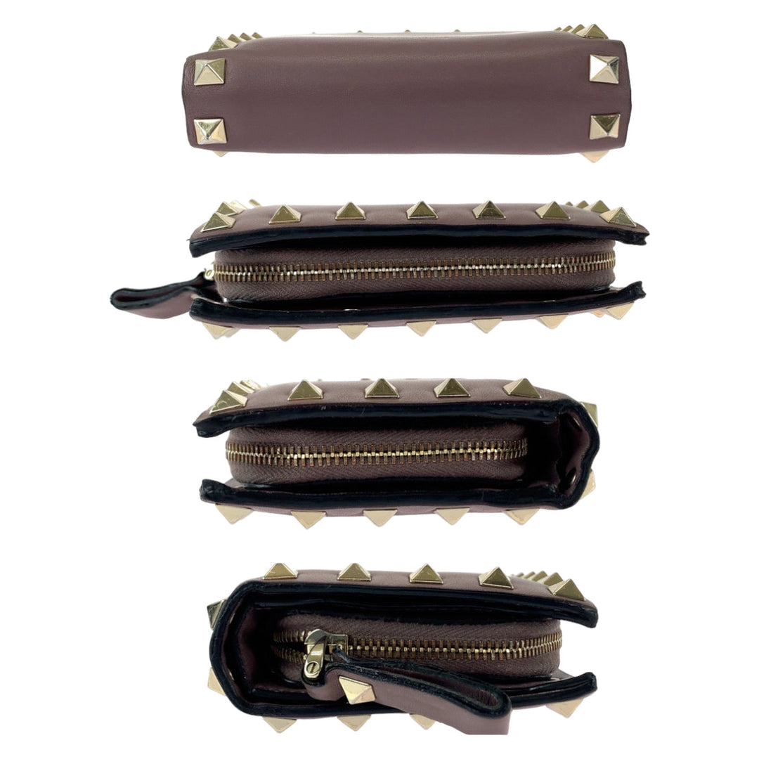 VALENTINO Bifold Wallet TW2P0620BOL416 leather Purple Gold Metal Folding wallet Compact wallet Rock studs Women Used Authentic