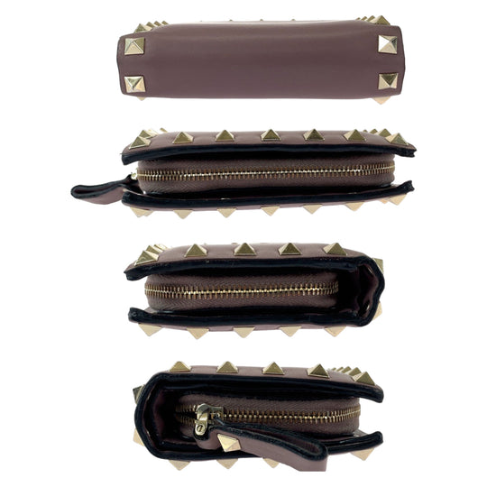 VALENTINO Bifold Wallet TW2P0620BOL416 leather Purple Gold Metal Folding wallet Compact wallet Rock studs Women Used Authentic