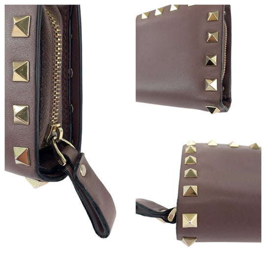 VALENTINO Bifold Wallet TW2P0620BOL416 leather Purple Gold Metal Folding wallet Compact wallet Rock studs Women Used Authentic