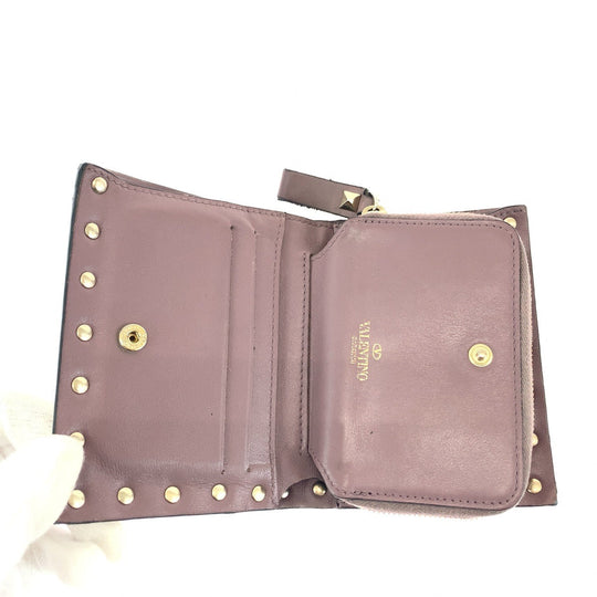 VALENTINO Bifold Wallet TW2P0620BOL416 leather Purple Gold Metal Folding wallet Compact wallet Rock studs Women Used Authentic