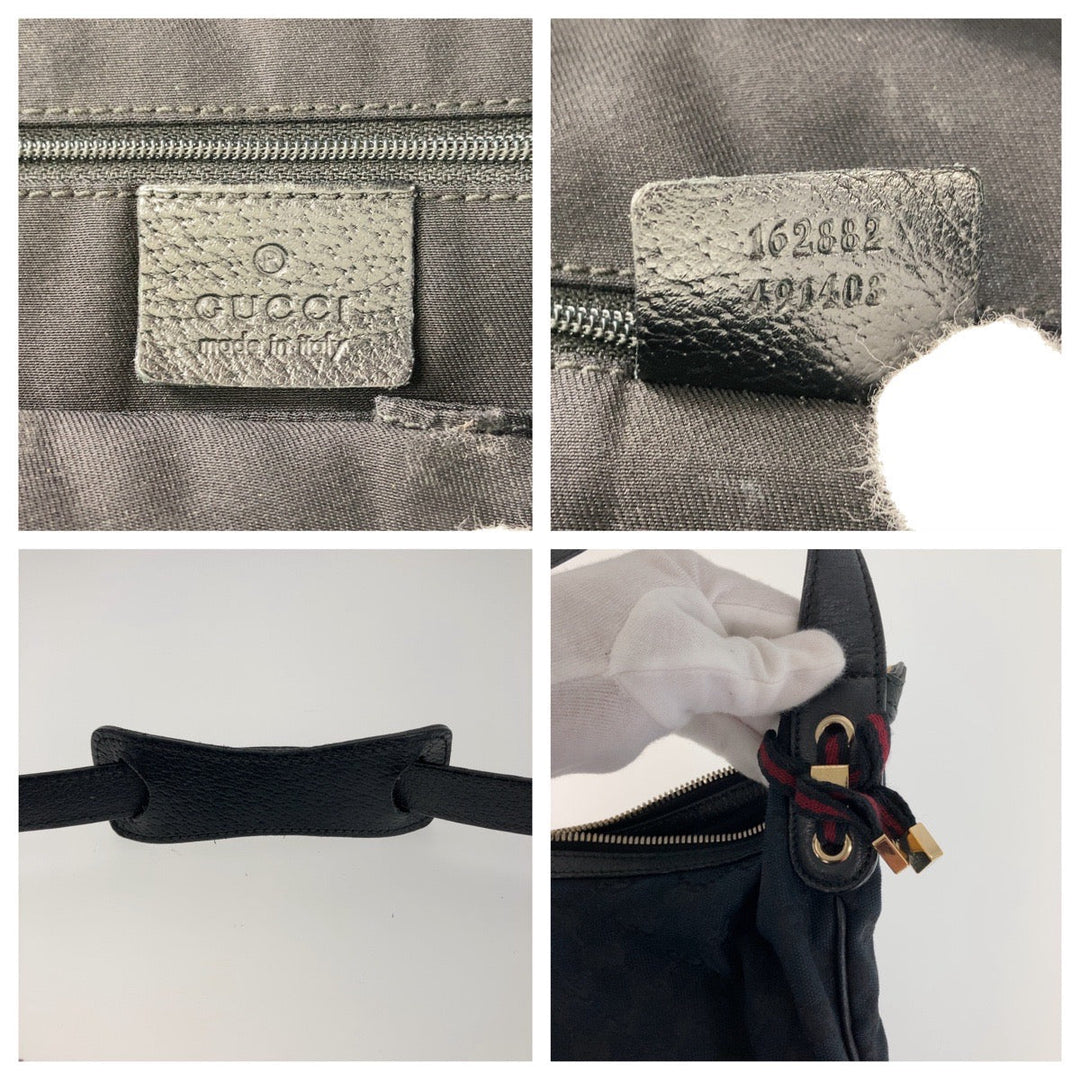 GUCCI Shoulder Bag 162882 GG canvas, leather Black Silver Metal Gold Metal Hobo Shoulder Bag Sherry Line Princess Women Used Authentic