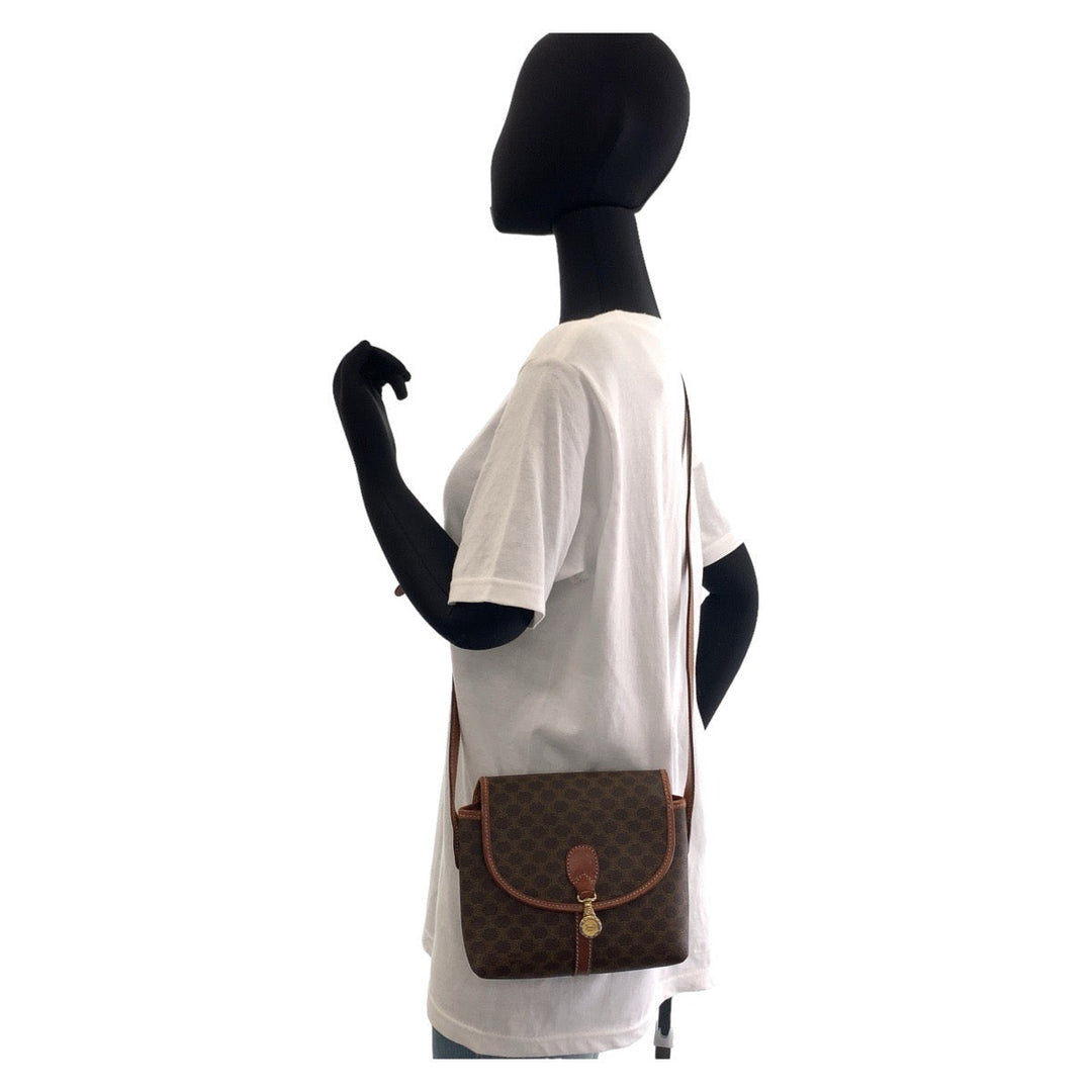 CELINE Shoulder Bag PVC, Leather Brown Gold Metal Crossbody Shoulder Bag Pochette Macadam Women Used Authentic