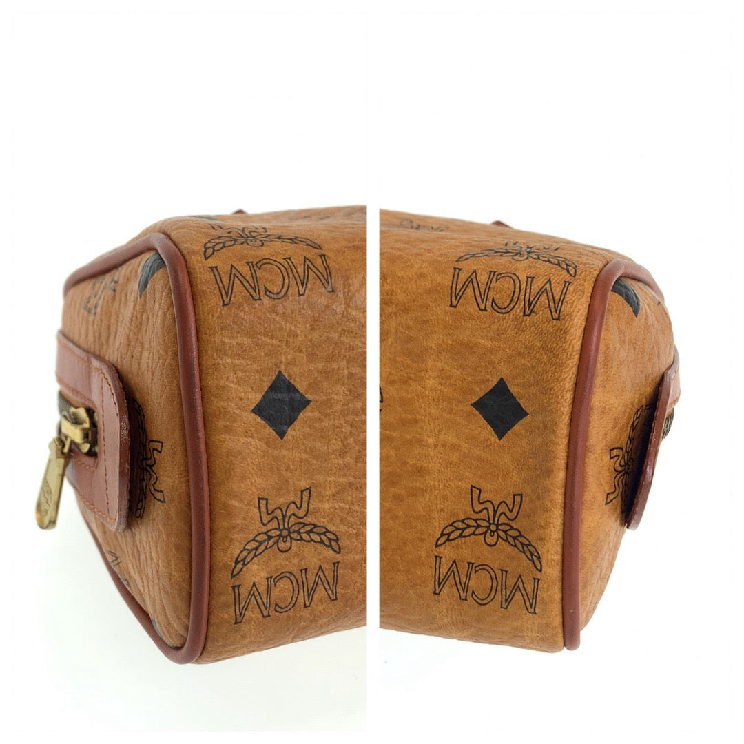 MCM Shoulder Bag HK362 leather Cognac Brown Gold Metal Shoulder Bag Mini Boston Duffel bag Handbag 2way Logogram Women Used Authentic