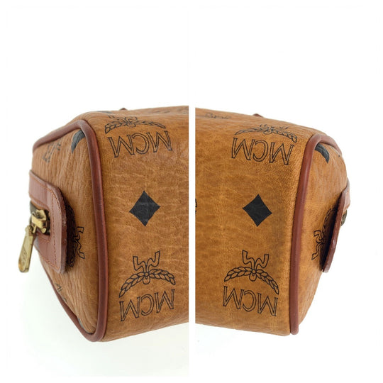 MCM Shoulder Bag HK362 leather Cognac Brown Gold Metal Shoulder Bag Mini Boston Duffel bag Handbag 2way Logogram Women Used Authentic