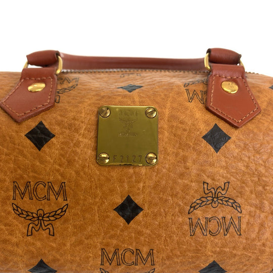 MCM Shoulder Bag HK362 leather Cognac Brown Gold Metal Shoulder Bag Mini Boston Duffel bag Handbag 2way Logogram Women Used Authentic