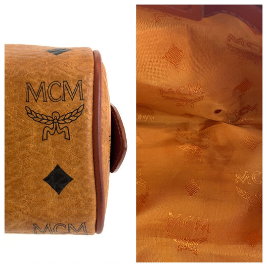 MCM Shoulder Bag HK362 leather Cognac Brown Gold Metal Shoulder Bag Mini Boston Duffel bag Handbag 2way Logogram Women Used Authentic