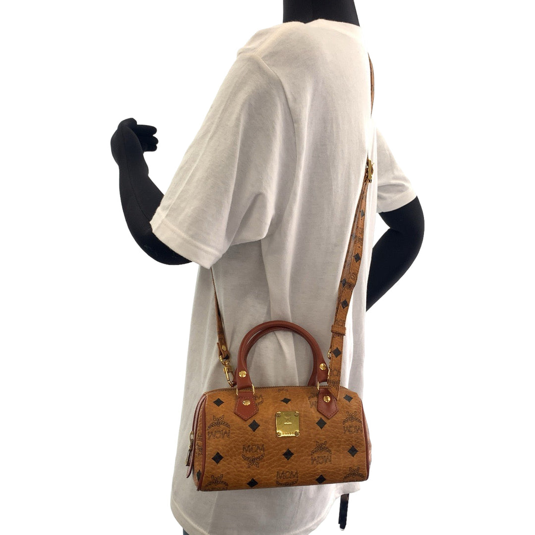 MCM Shoulder Bag HK362 leather Cognac Brown Gold Metal Shoulder Bag Mini Boston Duffel bag Handbag 2way Logogram Women Used Authentic