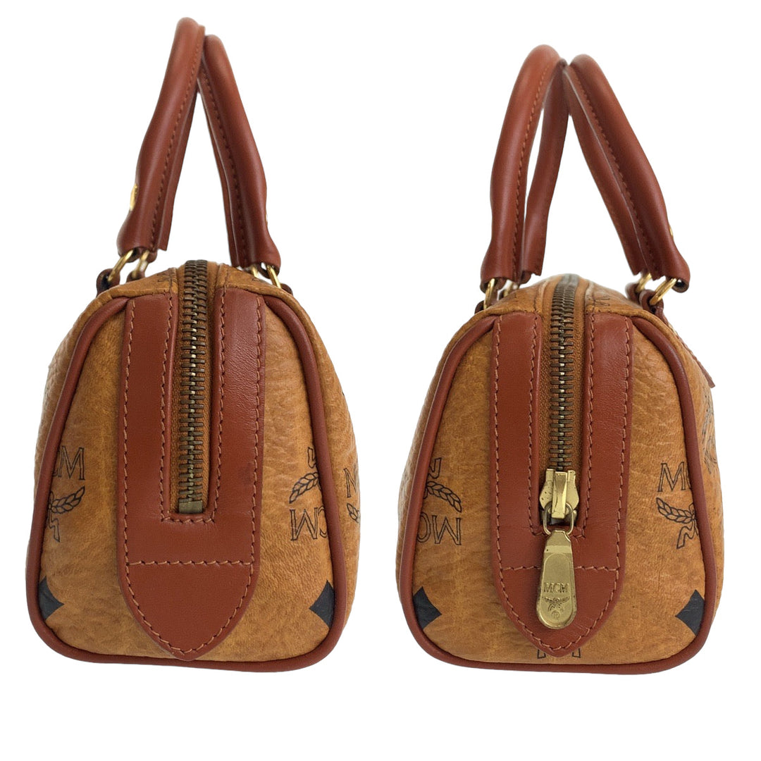 MCM Shoulder Bag HK362 leather Cognac Brown Gold Metal Shoulder Bag Mini Boston Duffel bag Handbag 2way Logogram Women Used Authentic