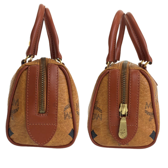 MCM Shoulder Bag HK362 leather Cognac Brown Gold Metal Shoulder Bag Mini Boston Duffel bag Handbag 2way Logogram Women Used Authentic