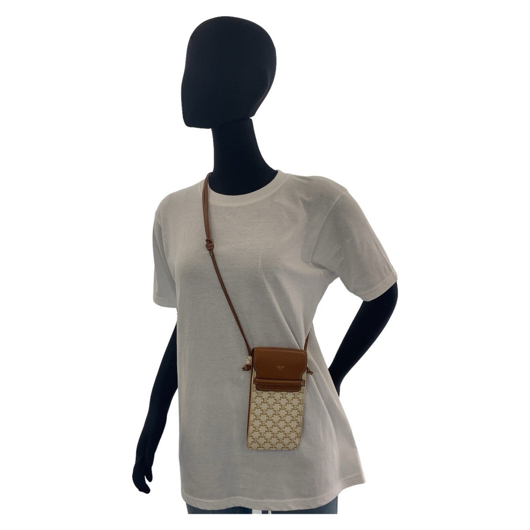 CELINE Shoulder Bag PVC, Leather White Brown Gold Metal Shoulder Bag Smartphone Shoulder Bag Phone Pouch Triomphe Women Used Authentic